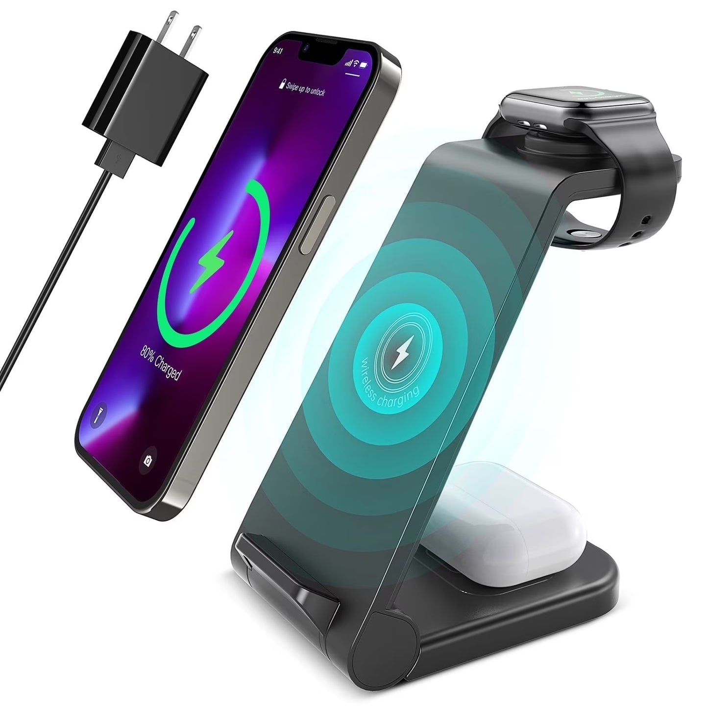 Wireless Charger, 3 in 1 Charging Station, 23W Fast Charging Dock for Iphone 17/16E/15/14/13/12/11 Pro Max, Airpods 4/3/2/Pro, Iwatch Series 2-11, Samsung Charger Stand (Blue)