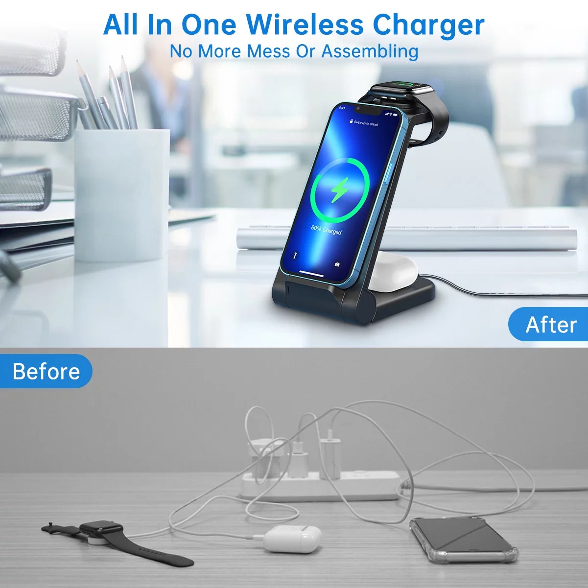 Wireless Charger, 3 in 1 Charging Station, 23W Fast Charging Dock for Iphone 17/16E/15/14/13/12/11 Pro Max, Airpods 4/3/2/Pro, Iwatch Series 2-11, Samsung Charger Stand (Blue)