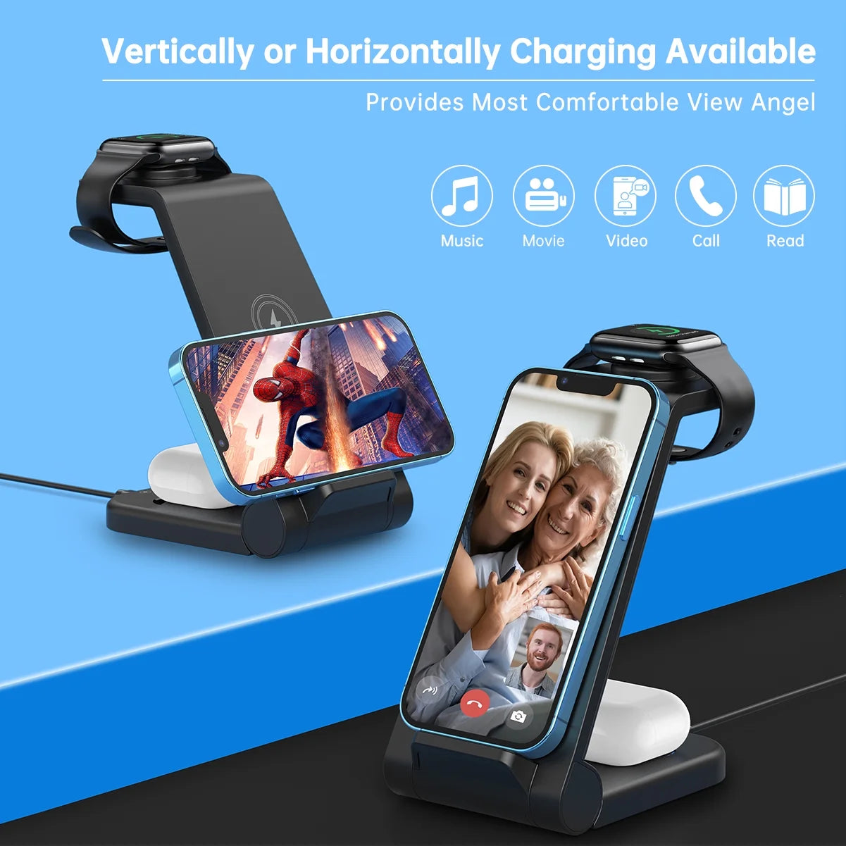 Wireless Charger, 3 in 1 Charging Station, 23W Fast Charging Dock for Iphone 17/16E/15/14/13/12/11 Pro Max, Airpods 4/3/2/Pro, Iwatch Series 2-11, Samsung Charger Stand (Blue)