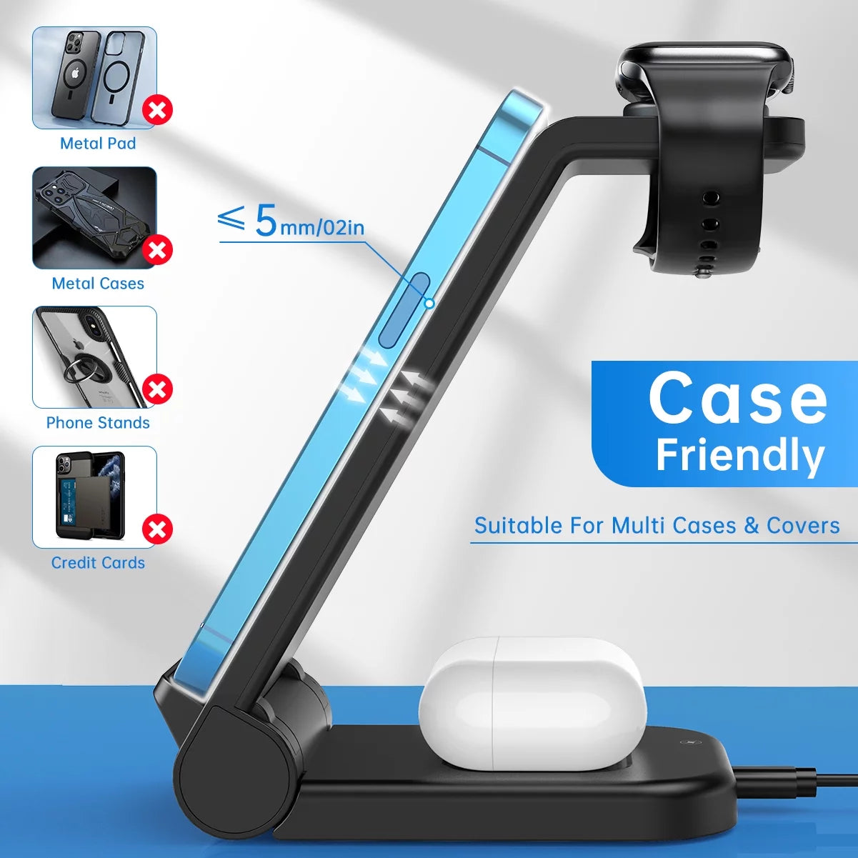 Wireless Charger, 3 in 1 Charging Station, 23W Fast Charging Dock for Iphone 17/16E/15/14/13/12/11 Pro Max, Airpods 4/3/2/Pro, Iwatch Series 2-11, Samsung Charger Stand (Blue)